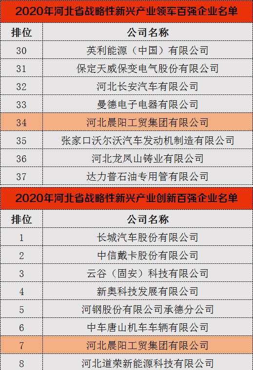 河北晨阳工贸集团再次入选2020年河北省战略性新兴产业“双百强”企业榜单 
