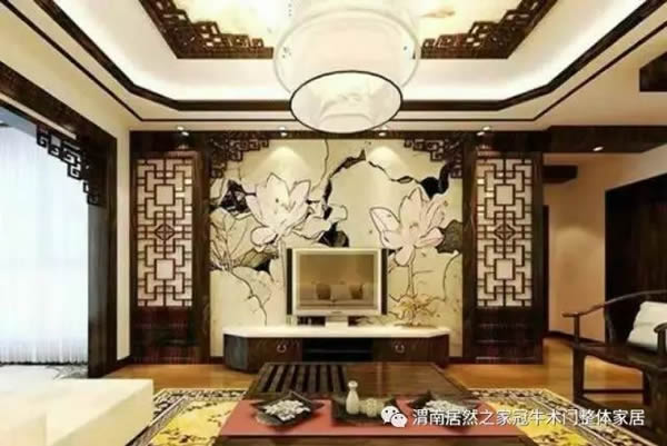 冠牛木门 | 新中式电视背景墙，古典雅致